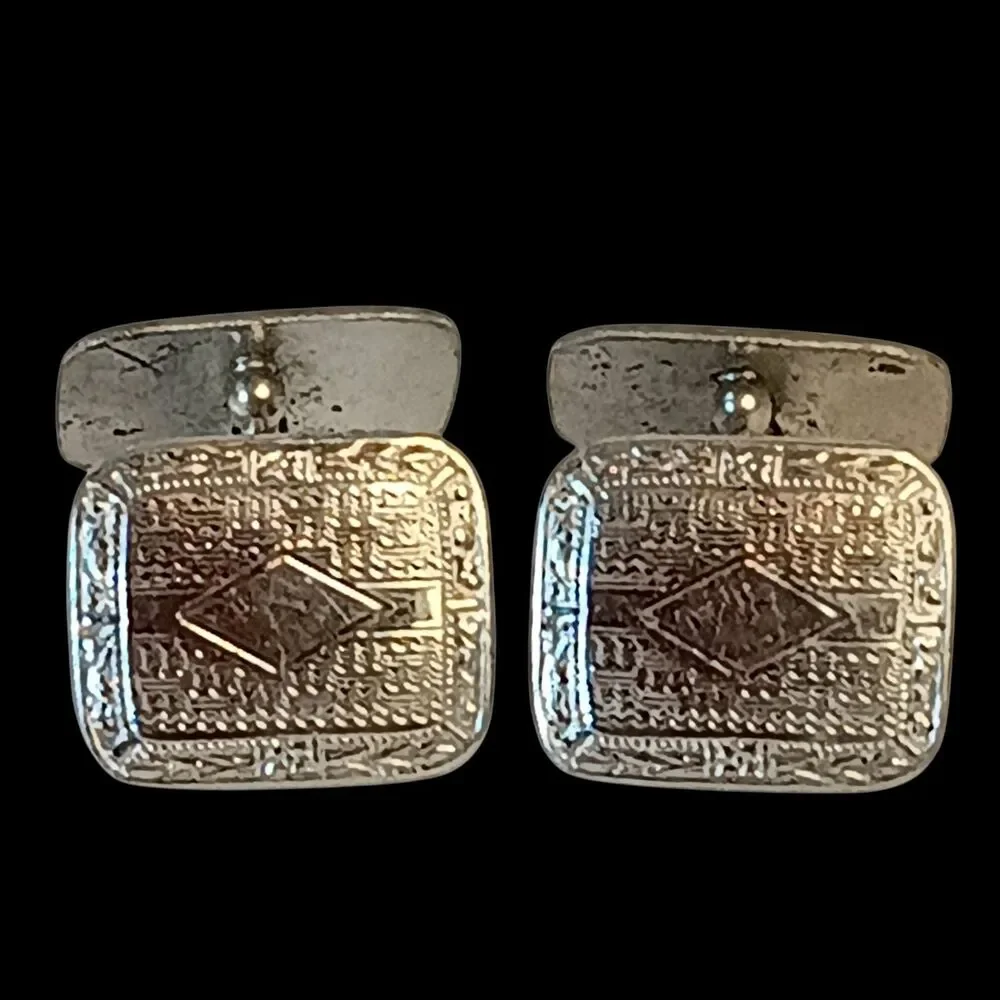 Vintage Cuff Links Art Deco Double Sided Etched Silvertone By Walter E Hayward